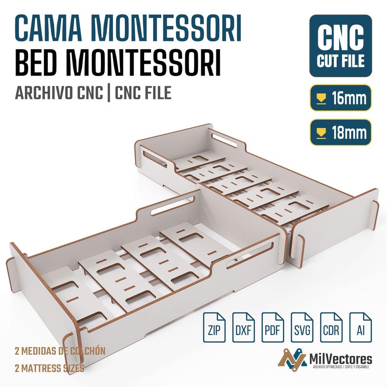 K&ouml;nnte beinhalten: Eine digitale CNC-Schnittdatei f&uuml;r ein Montessori-Bett, bestehend aus zwei hellen Holz-Bettrahmen mit Lattenrosten. Das Bild enth&auml;lt den Text: CAMA MONTESSORI BED MONTESSORI, CNC CUT FILE, 16mm, 18mm, 2 MATTRESS SIZES sowie die Dateiformate ZIP, DXF, PDF, SVG, CDR, AI.