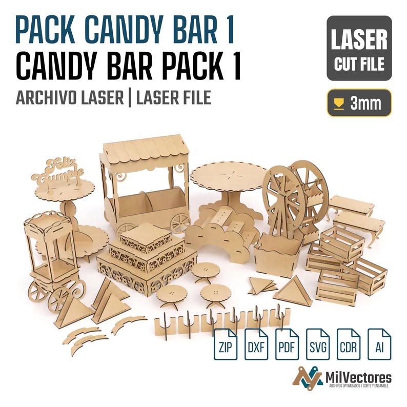 May include: A collection of laser-cut wooden pieces for a candy bar display, including a cart, a tiered stand, a ferris wheel, small tables, and crates. The text reads PACK CANDY BAR 1, LASER CUT FILE, 3mm, and file formats ZIP, DXF, PDF, SVG, CDR, AI.