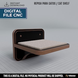 Pode incluir: Uma prateleira de parede para gatos com painel traseiro retangular preto de cantos arredondados e moldura cor de cobre. A plataforma horizontal é coberta por uma almofada texturizada bege claro. Texto: REPISA PARA GATOS / CAT SHELF.