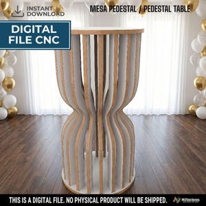 Puede incluir: Una mesa pedestal cilíndrica con diseño de listones verticales, acabado de veta de madera clara en los bordes y superficies interiores blancas. La estructura tiene una cintura estrecha. El texto dice: MESA PEDESTAL / PEDESTAL TABLE.