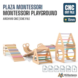Pu&ograve; includere: Un file di taglio CNC digitale per un set da gioco Montessori in legno, che include una rampa, un dondolo e strutture per arrampicarsi con pioli color pastello. L'immagine mostra il testo Plaza Montessori Playground, CNC Cut File e 15mm, con icone di formato file per ZIP, DXF, PDF, SVG, CDR e AI.