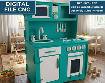 May include: A teal and white wooden kids play kitchen digital file for CNC machines. The unit features a microwave, sink, faucet, stove top, oven, and storage compartments. Text includes INSTANT DOWNLOAD, DIGITAL FILE CNC, and Assembly Guide Included.