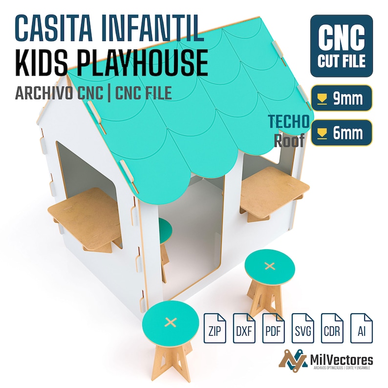 Pu&ograve; includere: Una casetta gioco bianca con tetto smerlato turchese, due banconi in legno attaccati e due sgabelli turchesi abbinati. Il testo include CASITA INFANTIL KIDS PLAYHOUSE, CNC CUT FILE, 9mm, 6mm e formati file ZIP, DXF, PDF, SVG, CDR, AI.