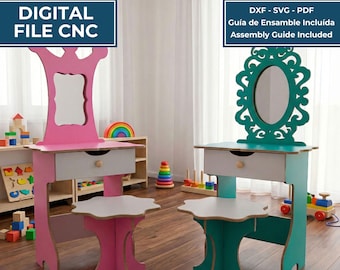 Könnte beinhalten: Zwei digitale CNC-Dateien für Kinderschminktische, einer in Pink und einer in Blaugrün, jeweils mit Spiegel, Schublade und passendem Hocker. Der Text umfasst TOCADOR INFANTIL / KIDS VANITY, DIGITAL FILE CNC und DXF - SVG - PDF Guía de Ensamble Incluída.