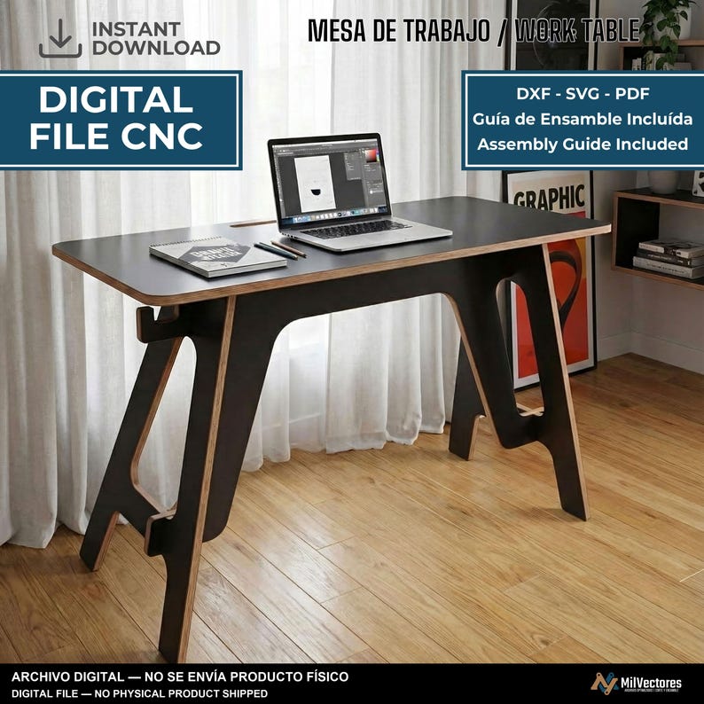 May include: A black work table with a rectangular top and angled legs, featuring a laptop and a notebook on its surface. The image includes text: INSTANT DOWNLOAD, DIGITAL FILE CNC, MESA DE TRABAJO / WORK TABLE, DXF - SVG - PDF, Gu&iacute;a de Ensamblaje Inclu&iacute;da, Assembly Guide Included, ARCHIVO DIGITAL - NO SE ENV&Iacute;A PRODUCTO F&Iacute;SICO, DIGITAL FILE - NO PHYSICAL PRODUCT SHIPPED.