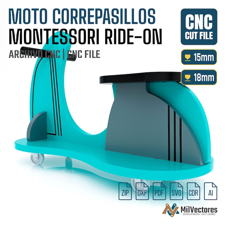 K&ouml;nnte beinhalten: Ein t&uuml;rkisfarbenes und dunkelgraues Holz-Rutschfahrzeug mit schwarzen Lenkern und R&auml;dern. Text umfasst MOTO CORREPASILLOS MONTESSORI RIDE-ON, CNC CUT FILE, 15mm, 18mm sowie Dateiformate ZIP, DXF, PDF, SVG, CDR, AI. MilVectores-Logo unten.