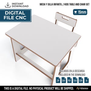 May include: A digital file for a kids table and chair set designed for 15mm material. The set features a white rectangular tabletop and a matching chair with a cutout handle in the backrest. The design includes ZIP, DXF, PDF, SVG, CDR, and AI files.