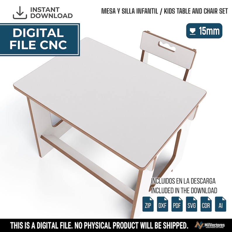 May include: A digital file for a kids table and chair set designed for 15mm material. The set features a white rectangular tabletop and a matching chair with a cutout handle in the backrest. The design includes ZIP, DXF, PDF, SVG, CDR, and AI files.