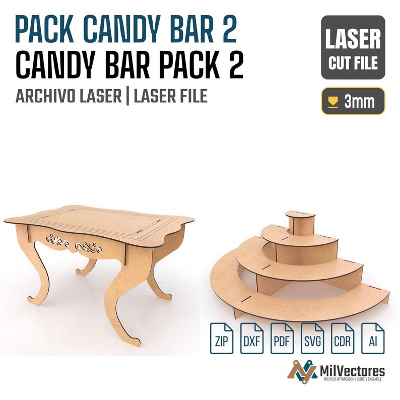 May include: A digital laser cut file set labeled PACK CANDY BAR 2 and CANDY BAR PACK 2, featuring a light brown wooden table with curved legs and a tiered semi-circular display stand. The file is designed for 3mm material and includes ZIP, DXF, PDF, SVG, CDR, and AI formats.