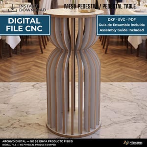 Puede incluir: Un archivo digital para una mesa pedestal CNC con una superficie circular y una base construida con listones de madera verticales y curvos. El diseño incluye etiquetas de texto: MESA PEDESTA / PEDESTAL TABLE, DIGITAL FILE CNC, DXF - SVG - PDF, Guía de Ensamble Incluída.