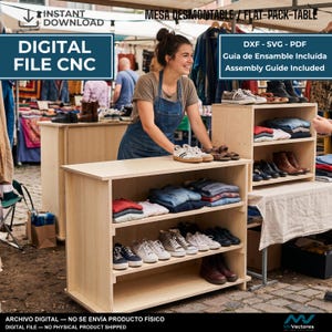 May include: A digital file for a flat-pack table, featuring CNC design plans in DXF, SVG, and PDF formats. The image displays a light-colored wooden display shelf with three tiers, holding folded clothing on the top shelf and various shoes below.