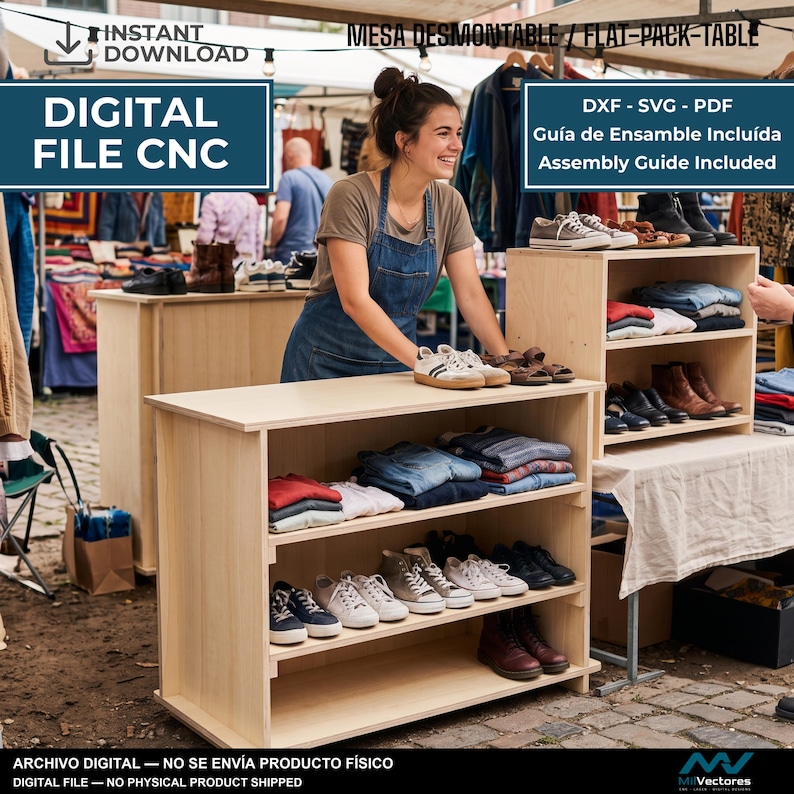 May include: A digital file for a flat-pack table, featuring CNC design plans in DXF, SVG, and PDF formats. The image displays a light-colored wooden display shelf with three tiers, holding folded clothing on the top shelf and various shoes below.