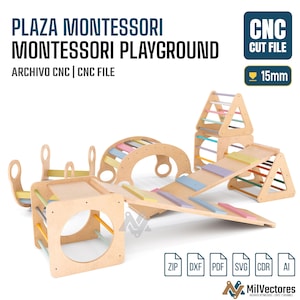Pu&ograve; includere: Un set di file di taglio CNC per un parco giochi Montessori in legno, che include un arco da arrampicata, una rampa e strutture a cubo con pioli color pastello. Il testo riporta PLAZA MONTESSORI MONTESSORI PLAYGROUND, CNC CUT FILE, 15mm.