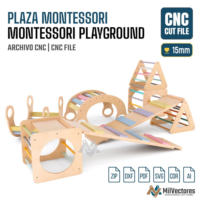 Pu&ograve; includere: Un set di file di taglio CNC per un parco giochi Montessori in legno, che include un arco da arrampicata, una rampa e strutture a cubo con pioli color pastello. Il testo riporta PLAZA MONTESSORI MONTESSORI PLAYGROUND, CNC CUT FILE, 15mm.