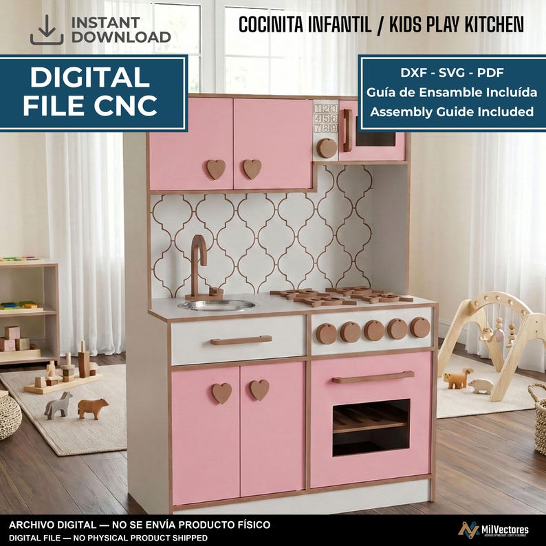 May include: A digital file for a CNC kids play kitchen featuring pink cabinet doors with heart-shaped handles, a white countertop, a sink, a stove with knobs, and an oven. The text reads: COCINITA INFANTIL / KIDS PLAY KITCHEN, DIGITAL FILE CNC, DXF - SVG - PDF, Gu&iacute;a de Ensamble Inclu&iacute;da, Assembly Guide Included.
