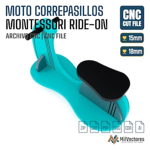 K&ouml;nnte beinhalten: Ein t&uuml;rkisfarbenes Rutschfahrzeug mit schwarzem Sitz und Lenker, mit dem Text MOTO CORREPASILLOS MONTESSORI RIDE-ON, CNC CUT FILE, 15mm und 18mm. Das Bild enth&auml;lt Symbole f&uuml;r die Dateiformate ZIP, DXF, PDF, SVG, CDR und AI.