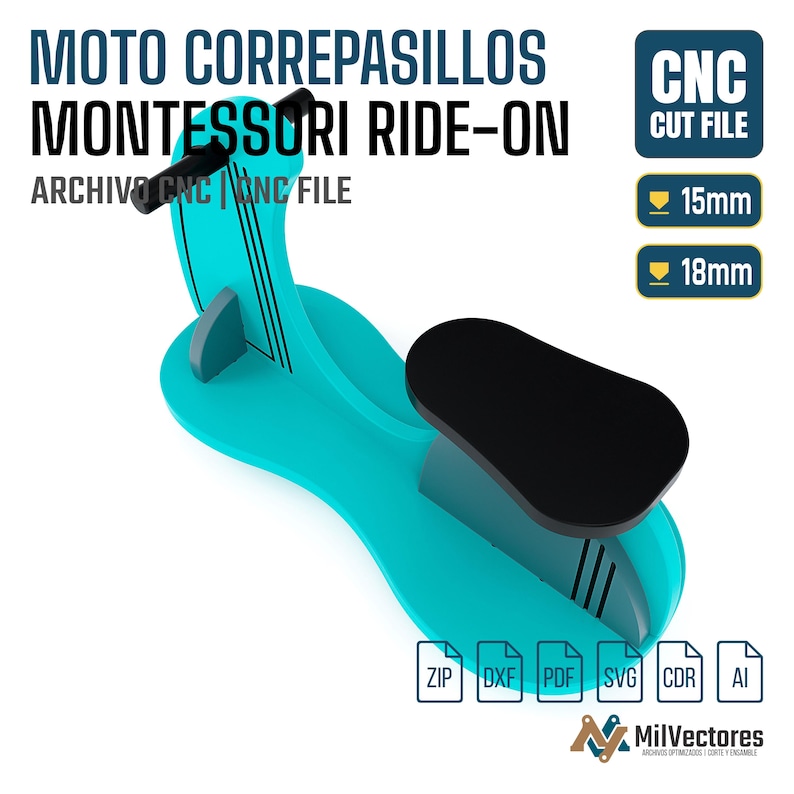 K&ouml;nnte beinhalten: Ein t&uuml;rkisfarbenes Rutschfahrzeug mit schwarzem Sitz und Lenker, mit dem Text MOTO CORREPASILLOS MONTESSORI RIDE-ON, CNC CUT FILE, 15mm und 18mm. Das Bild enth&auml;lt Symbole f&uuml;r die Dateiformate ZIP, DXF, PDF, SVG, CDR und AI.