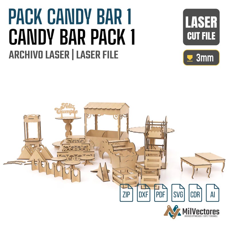 May include: A collection of laser-cut wooden pieces for assembling miniature candy bar displays, including stands, crates, and tables. The text reads PACK CANDY BAR 1, CANDY BAR PACK 1, LASER CUT FILE, 3mm, ARCHIVO LASER, and file formats ZIP, DXF, PDF, SVG, CDR, AI.