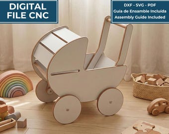 May include: A white wooden toy stroller with a curved frame and four wheels. The image includes text: COCHECITO INFANTIL / KIDS STROLLER, DIGITAL FILE CNC, DXF - SVG - PDF, Guía de Ensamble Incluída, Assembly Guide Included, INSTANT DOWNLOAD.