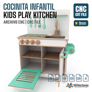 May include: A digital design for a kids play kitchen, labeled as a CNC cut file for 9mm material. The design features a white and mint green wooden kitchen unit with a stove, sink, oven, and utensil rack. Includes file formats ZIP, DXF, PDF, SVG, CDR, and AI.