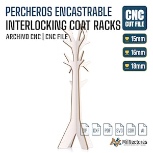 May include: White interlocking coat rack in a tree design. The image includes the text "PERCHEROS ENCASTRABLE INTERLOCKING COAT RACKS" and "CNC CUT FILE". The design is available in 15mm, 16mm, and 18mm thicknesses.