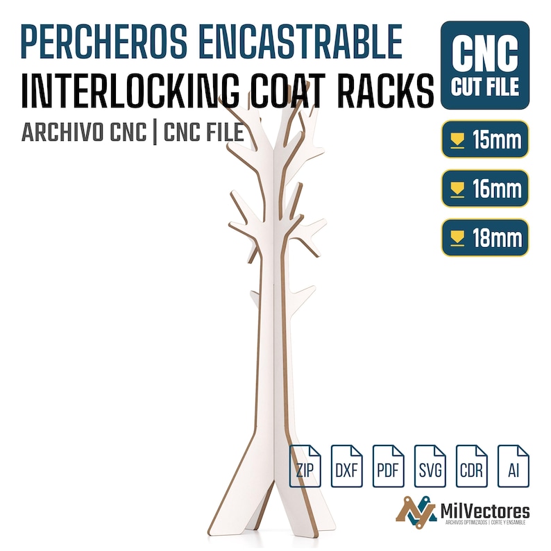 May include: White interlocking coat rack in a tree design. The image includes the text "PERCHEROS ENCASTRABLE INTERLOCKING COAT RACKS" and "CNC CUT FILE". The design is available in 15mm, 16mm, and 18mm thicknesses.