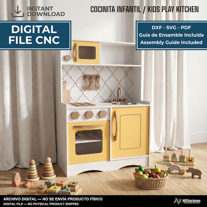 May include: A digital file for a kids play kitchen featuring a white and yellow wooden structure with a microwave, stove, sink, and oven. The design includes a backsplash with a geometric pattern and text reading COCINITA INFANTIL / KIDS PLAY KITCHEN, DXF - SVG - PDF, Gu&iacute;a de Ensamble Inclu&iacute;da, Assembly Guide Included, and DIGITAL FILE CNC.