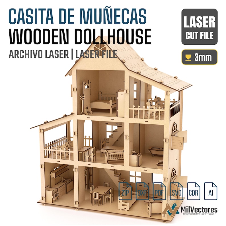 May include: A three-story wooden dollhouse laser cut file with 3mm material thickness. The structure features multiple rooms, balconies, and miniature furniture including beds, tables, chairs, and a bathtub. Text includes CASITA DE MU&Ntilde;ECAS WOODEN DOLLHOUSE ARCHIVO LASER LASER FILE.