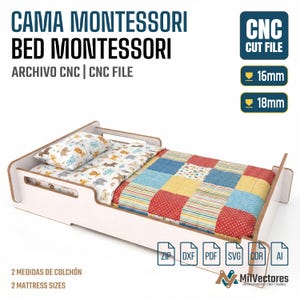 K&ouml;nnte beinhalten: Eine digitale CNC-Schnittdatei f&uuml;r ein Montessori-Bettgestell mit dem Text CAMA MONTESSORI BED MONTESSORI, CNC CUT FILE, 16mm, 18mm, 2 MEDIDAS DE COLCH&Oacute;N, 2 MATTRESS SIZES sowie Dateiformaten ZIP, DXF, PDF, SVG, CDR, AI. Wei&szlig;es Bett mit Steppdecke.