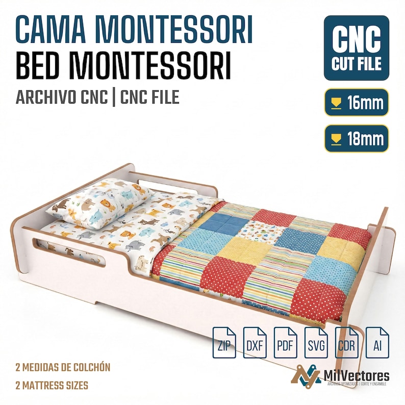 K&ouml;nnte beinhalten: Eine digitale CNC-Schnittdatei f&uuml;r ein Montessori-Bettgestell mit dem Text CAMA MONTESSORI BED MONTESSORI, CNC CUT FILE, 16mm, 18mm, 2 MEDIDAS DE COLCH&Oacute;N, 2 MATTRESS SIZES sowie Dateiformaten ZIP, DXF, PDF, SVG, CDR, AI. Wei&szlig;es Bett mit Steppdecke.