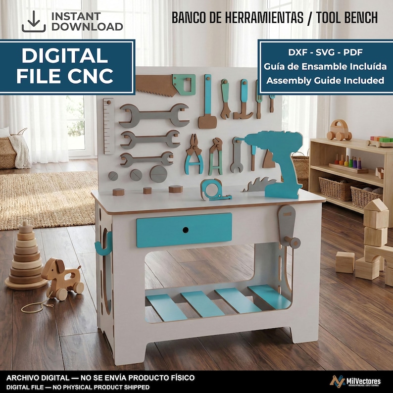 May include: A digital file for a CNC tool bench featuring a white and teal wooden structure with a pegboard back panel. The design includes various cutouts for wrenches, a saw, a hammer, pliers, and a drill, along with a drawer and shelf.