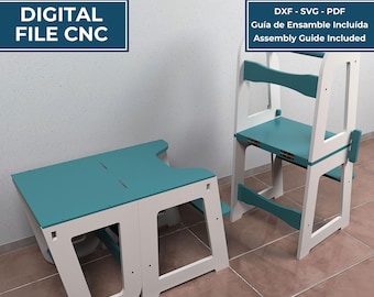 May include: A digital file for a learning tower featuring white and teal panels. The image displays the tower in both a folded table configuration and an upright standing position. Text includes "INSTANT DOWNLOAD," "DIGITAL FILE CNC," and "DXF - SVG - PDF."