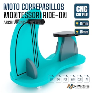 K&ouml;nnte beinhalten: Ein t&uuml;rkisfarbenes und graues Holz-Rutschfahrzeug mit schwarzem Lenker und Sitz. Der Text umfasst MOTO CORREPASILLOS MONTESSORI RIDE-ON, CNC CUT FILE, 15mm, 18mm sowie Dateiformate ZIP, DXF, PDF, SVG, CDR, AI. Das Design hat einen geschwungenen Rahmen.
