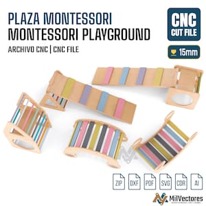 Pu&ograve; includere: Un set digitale di file di taglio CNC per un parco giochi in legno con rampa da arrampicata, scalatore triangolare e due dondoli ad arco. I pezzi sono in legno chiaro con doghe color pastello. Il testo include PLAZA MONTESSORI, CNC CUT FILE, 15mm.