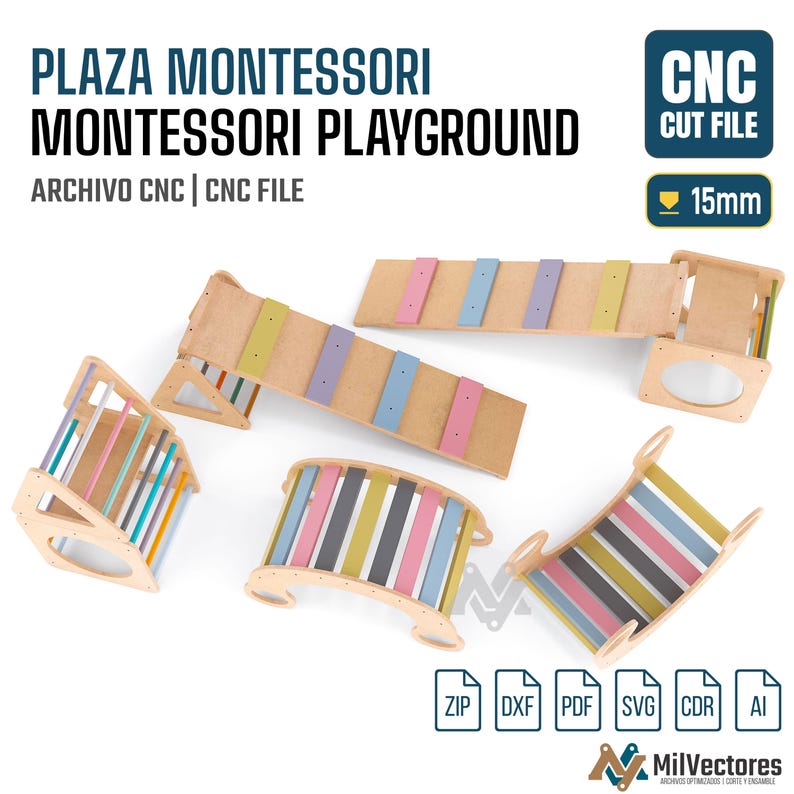 Pu&ograve; includere: Un set digitale di file di taglio CNC per un parco giochi in legno con rampa da arrampicata, scalatore triangolare e due dondoli ad arco. I pezzi sono in legno chiaro con doghe color pastello. Il testo include PLAZA MONTESSORI, CNC CUT FILE, 15mm.