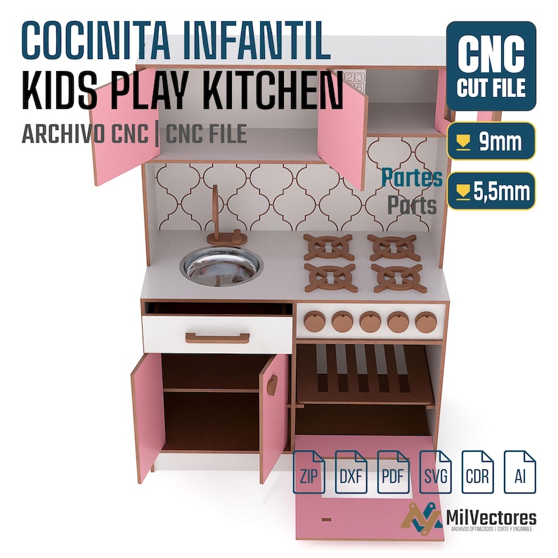 May include: A wooden play kitchen featuring pink cabinet doors, a silver sink, four stovetop burners, five knobs, and an oven. Text includes COCINITA INFANTIL KIDS PLAY KITCHEN, CNC CUT FILE, 9mm, 5.5mm, Partes Parts, and file formats ZIP, DXF, PDF, SVG, CDR, AI.