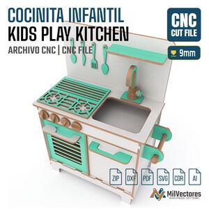 May include: A digital design for a kids play kitchen featuring a white and mint green color scheme. The file includes a stove with burners, a sink, a faucet, and hanging utensils. Text reads COCINITA INFANTIL KIDS PLAY KITCHEN CNC CUT FILE 9mm.