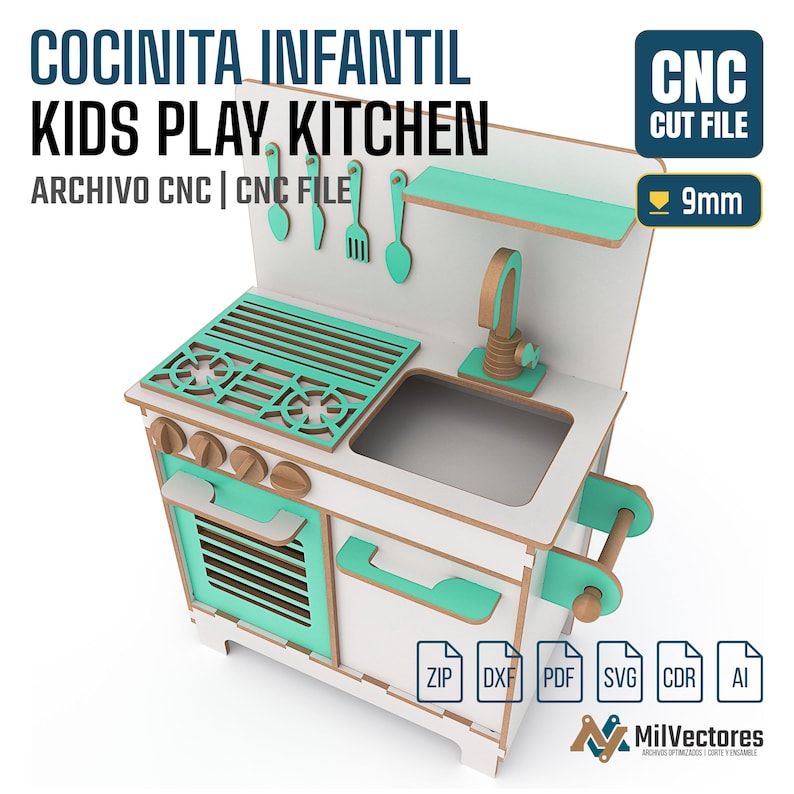 May include: A digital design for a kids play kitchen featuring a white and mint green color scheme. The file includes a stove with burners, a sink, a faucet, and hanging utensils. Text reads COCINITA INFANTIL KIDS PLAY KITCHEN CNC CUT FILE 9mm.