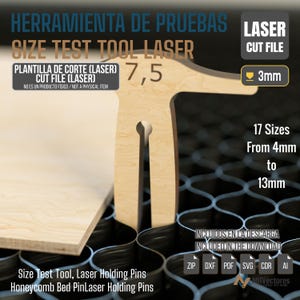 Puede incluir: Una herramienta de prueba de tamaño cortada con láser de madera clara con el texto "SIZE TEST TOOL LASER". La herramienta está diseñada para probar tamaños de 4 mm a 13 mm. La imagen también incluye el texto "LASER CUT FILE".