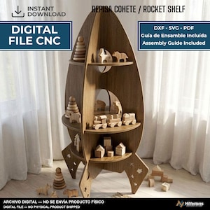 May include: A rocket-shaped wooden shelf with multiple tiers, featuring cutouts of stars and moons. The digital file includes DXF, SVG, and PDF formats with an assembly guide. The shelf displays various wooden toys, including a train and blocks.