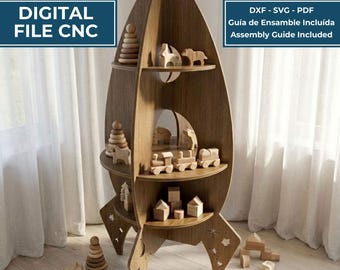 May include: A rocket-shaped wooden shelf with multiple tiers, featuring cutouts of stars and moons. The digital file includes DXF, SVG, and PDF formats with an assembly guide. The shelf displays various wooden toys, including a train and blocks.