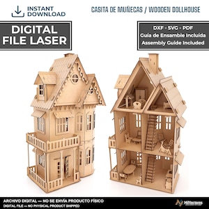 May include: A digital laser-cut wooden dollhouse file featuring a multi-story structure with a balcony, roof details, and interior furniture. The image includes text: CASITA DE MU&Ntilde;ECAS / WOODEN DOLLHOUSE, DIGITAL FILE LASER, DXF - SVG - PDF, Assembly Guide Included.