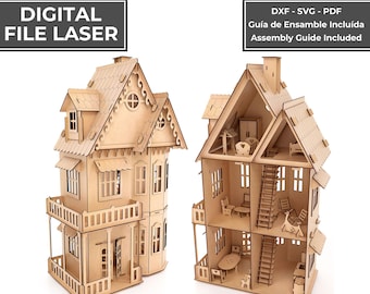 May include: A digital laser-cut wooden dollhouse file featuring a multi-story structure with a balcony, roof details, and interior furniture. The image includes text: CASITA DE MUÑECAS / WOODEN DOLLHOUSE, DIGITAL FILE LASER, DXF - SVG - PDF, Assembly Guide Included.