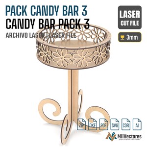 May include: A light brown wooden laser cut file for a circular candy bar stand with a floral cutout pattern on the sides and a scroll-shaped base. The design includes text reading PACK CANDY BAR 3, LASER CUT FILE, and a 3mm thickness indicator.