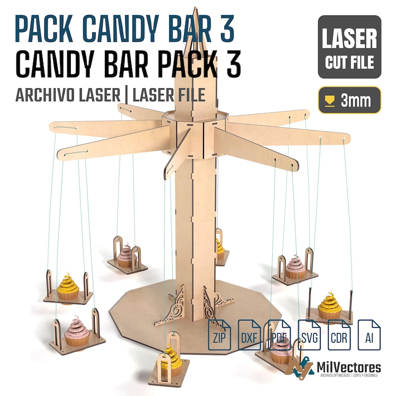 May include: A laser-cut wooden carousel display stand featuring a central tower and eight hanging platforms for cupcakes. The text PACK CANDY BAR 3, LASER CUT FILE, and 3mm are visible. Includes digital file formats ZIP, DXF, PDF, SVG, CDR, and AI.