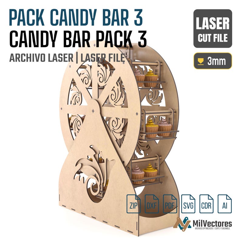 May include: A light-colored wooden laser-cut ferris wheel display stand for candy or cupcakes, featuring intricate scrollwork patterns on the wheel. The design includes text reading PACK CANDY BAR 3, LASER CUT FILE, and 3mm, with file format icons.