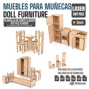 Puede incluir: Un conjunto de muebles de muñecas cortados con láser, que incluye una mesa con sillas, un armario, una cama con una mesita de noche, un juego de cocina y accesorios de baño. El texto de la imagen dice "DOLL FURNITURE" y "CUT FILE". Los muebles son de madera clara.