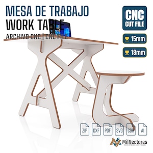 May include: A white and brown work table with a matching stool. The table has a rectangular top and a unique leg design. The text "WORK TABLE" and "CNC CUT FILE" are visible. The table is designed for CNC cutting, with 15mm and 18mm options.