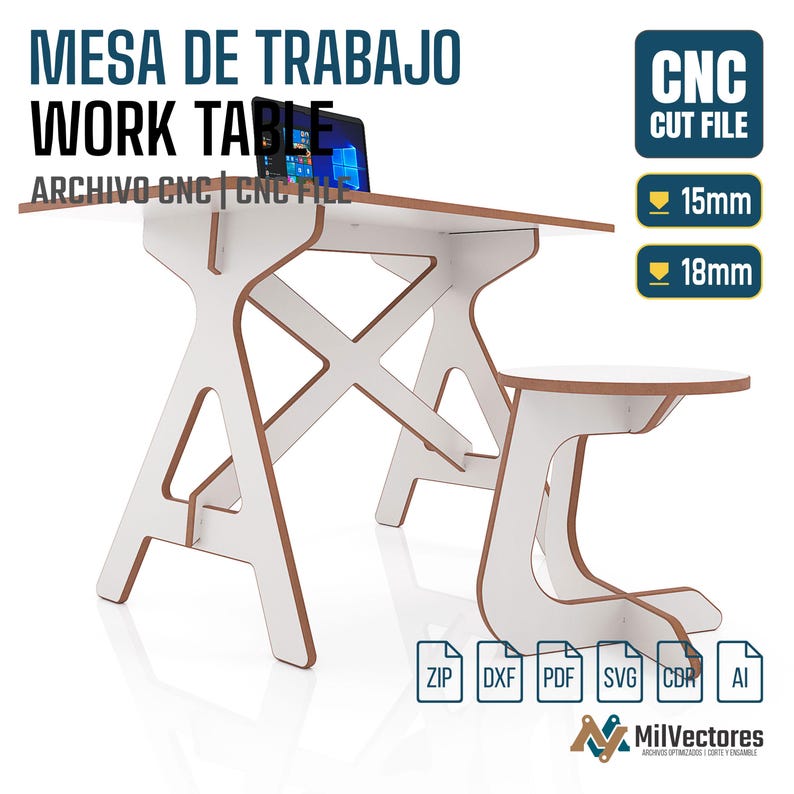 May include: A white and brown work table with a matching stool. The table has a rectangular top and a unique leg design. The text "WORK TABLE" and "CNC CUT FILE" are visible. The table is designed for CNC cutting, with 15mm and 18mm options.
