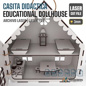 Pu&ograve; includere: Un file di taglio laser per casa delle bambole in legno a due piani con finitura bianca e marrone scuro. L'interno presenta una cucina con fornelli e tavolo al piano terra, e due letti e un tavolino al piano superiore. Testo: CASITA DIDACTICA EDUCATIONAL DOLLHOUSE LASER CUT FILE e 3mm.